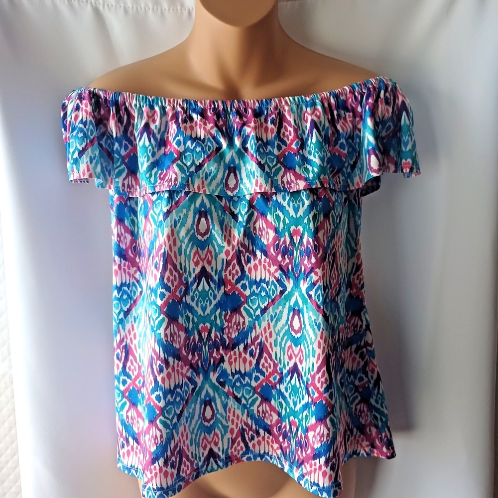 Top It Off Blue Pink White Romantic Y2K Vibrant Off Shoulder Artsy Women's Large